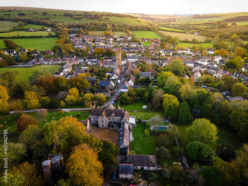 The aerial view of Cerne Abbas village in Dorset, England