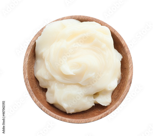 Plate with lard on white background