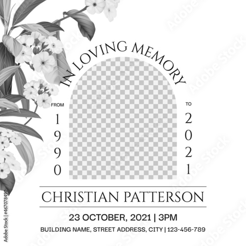 Floral memorial and funeral invitation card template design, white decorated with black and white Woolly rock jasmine flowers and leaves