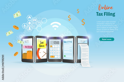 Online tax filing, income e tax and tax exemption on smartphone screen. Financial network connecting technology develop paperless and smart tax filing process. 3D vector.