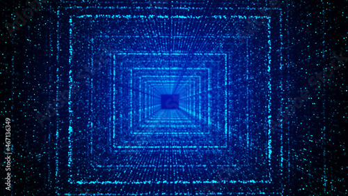 Abstract wireframe tunnel. Blue wormhole. 3D portal grid. Futuristic fantasy funnel. 3d rendering.