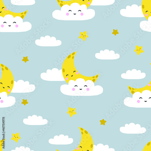 Seamless vector pattern with crescents, clouds and stars