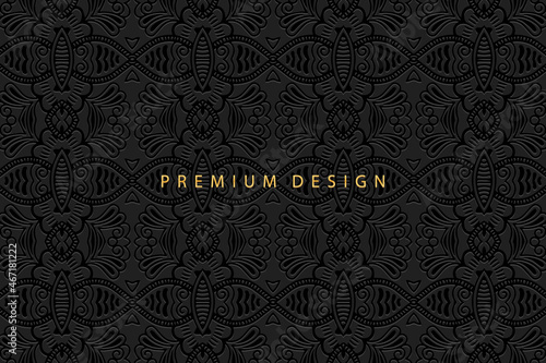 Vintage black background design, banner with geometric volumetric convex ethnic 3D pattern for presentations, booklets, websites. Oriental, Indonesian, Mexican, Aztec style, handmade technique.