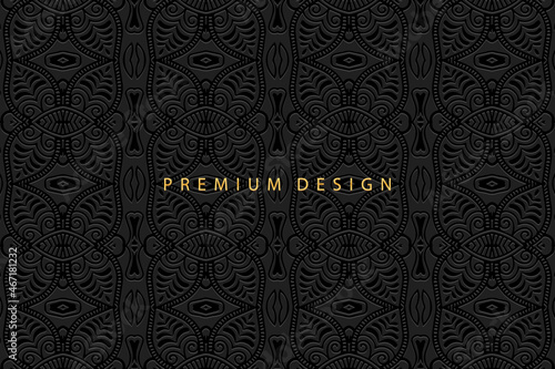Exotic black background design, banner with geometric volumetric convex ethnic 3D pattern for presentations, booklets, websites. Oriental, Indonesian, Mexican, Aztec style, handmade technique.