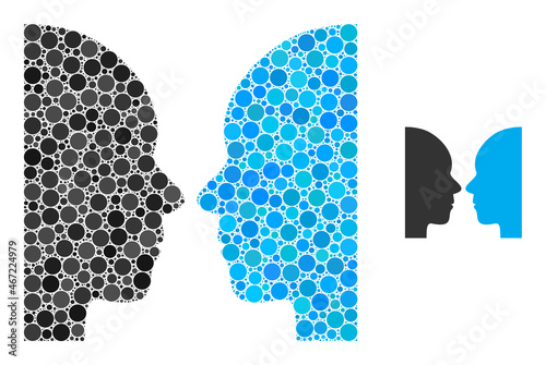Dual faces vector composition of circle dots in variable sizes and color hues. Circle dots are composed into dual faces vector composition. Abstract vector design concept.