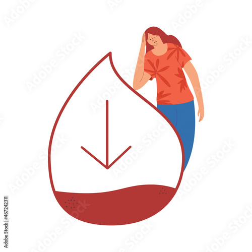 The person suffers from hypoglycemia. Low blood sugar. The woman is feeling weak. Vector illustration in flat style