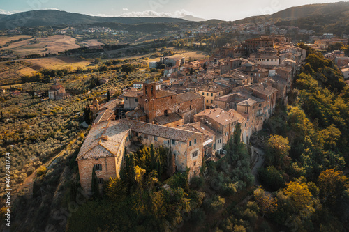 Skyline of the aerial view of famous spring water term town Chianciano Terme, Italy