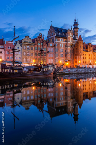 Gdansk, Poland, Motlawa river waterfront in the night, historical port of the city