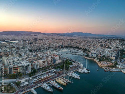 Aerial panorama view over Marina Zeas, Peiraeus, Greece at sunset