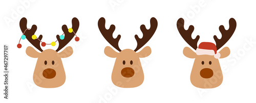 Set of cute reindeer head isolated on white background. Funny Simple flat vector illustration christmas reindeer in hat and garland with light bulbs