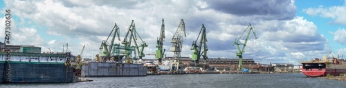 View from the dock to the panorama of the gdansk shipyard, poland.