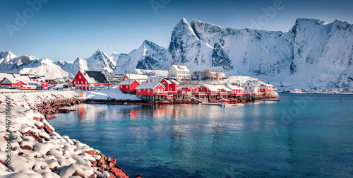 Captivating afternoon scene of Sakrisoy village, Norway, Europe. Superb winter view of Lofoten Islads. Beautiful seascape of Norwegian sea. Untouched winter landscape.