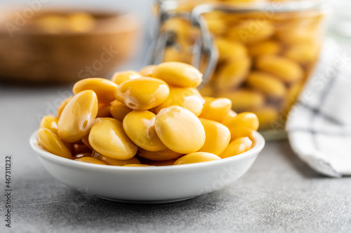 Pickled yellow Lupin Beans in bowl