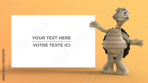 tortue 3D présentant message sur fond jaune