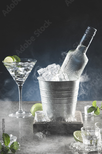 Bottle of ice cold vodka in bucket of ice and glasses on dark background with copyspace. Vertical format.