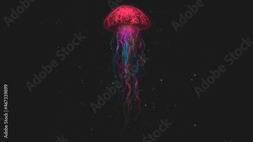 Abstract fantasy neon jellyfish on a black background. Marine jellyfish, colorful neon. 3D illustration. 