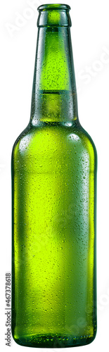 Opened bottle of cold beer with condensation isolated on a white background. File contains clipping path.