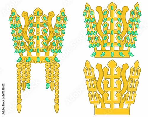 Silla gold crown in KOREA. Vector illustrations set.