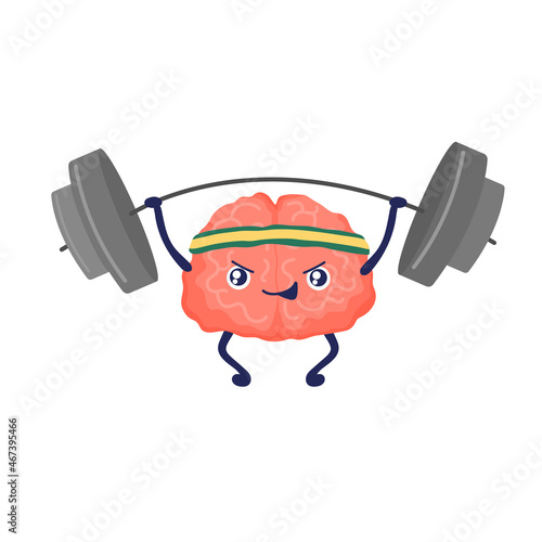Brain training. Cartoon brain with barbell. Pumping cute organ, power. Sports and fitness. Stock vector illustration isolated on white background.