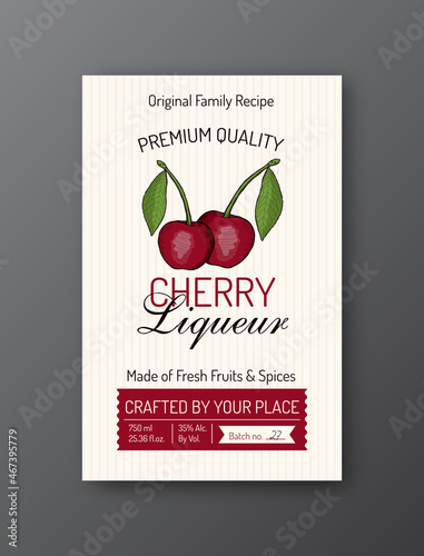 Cherry liqueur alcohol label template. Modern vector packaging design layout. Isolated