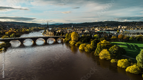 Perth, Scotland, and the River Tay in autumn colours. Taken by drone you can see the Perth Bridges and Concert Hall