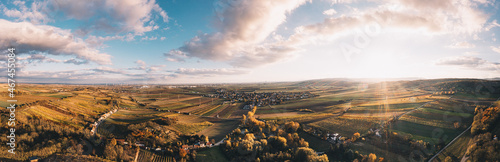Aerial drone view of colorful vineyards fields in the Austrian Weinviertel region