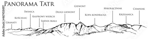 Zakopane, panorama tatr, Panorama of the Tatra Mountains, vector ilustration, Panorama of the Tatra Mountains seen from the top of Gubałówka. Sketch, drawing of the mountains, the Tatra Mountains as
