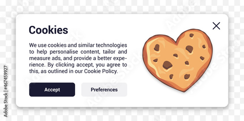 Accept cookies settings popup template. Isolated cookie preferences frame. Editable UI element. Allow or accept all cookies pop-ups, Website interface vector design illustration.