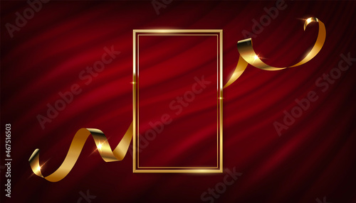 Gold frame with silk ribbon on red curtain, 3d vintage luxury banner for awards ceremony