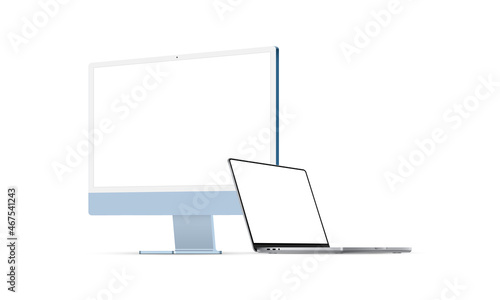 Desktop PC, Laptop Mockup with Blank Screens, Perspective Side View, Isolated on White Background. Vector Illustration