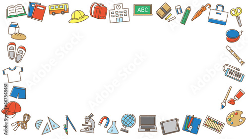 かわいい小学校の勉強道具フレーム Elementary School Study Tool Frame