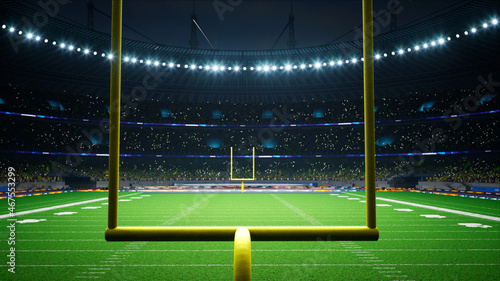 American football night stadium with fans iilluminated by spotlights waiting game. High quality 3d render 