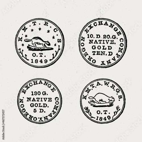 Sketch of 5 and 10 dollars Beaver Coins. Oregon, USA. 1849
