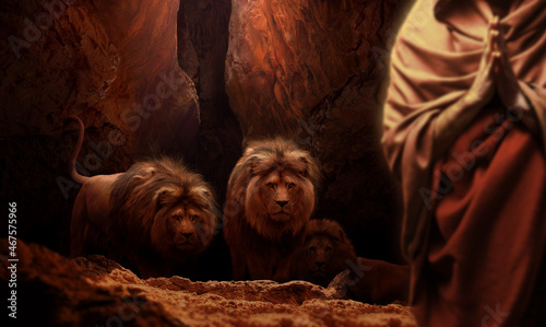 Daniel thrown into the lions den praying to God. Biblical story theme concept.