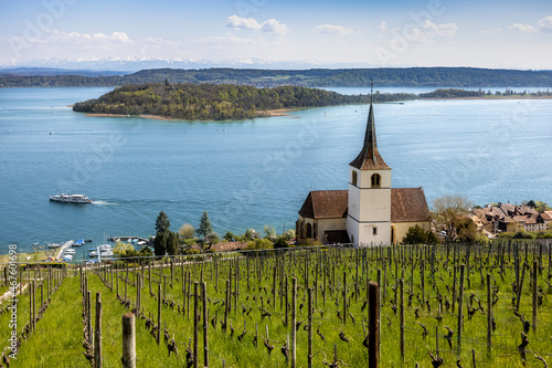 Church at Biel lake on a spring day