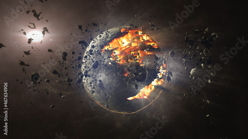 Dead planet with hot lava magma and asteroids Cinematic view of destroyed death star after meteor asteroids impact 
