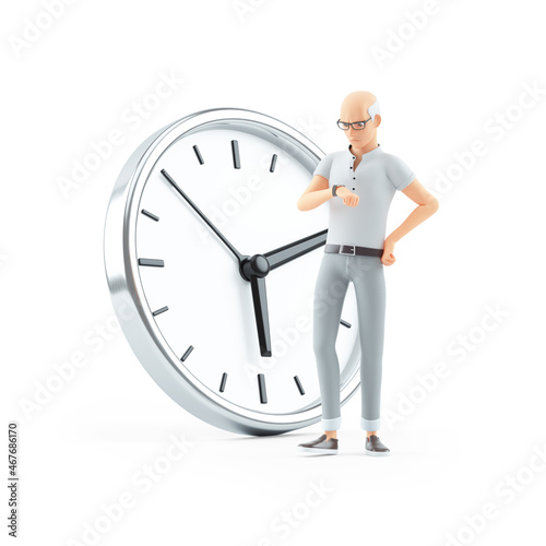 3d impatient senior man standing in front of clock