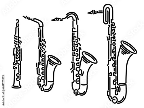 Set of simple images different types of saxophones (soprano, alto, tenor, baritone) drawn by lines.