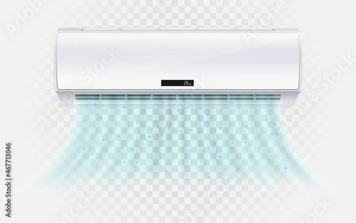 Air conditioner with cold wind waves . Air conditioner with flows of cold air. Electronic modern appliance for controlling temperature and climate in room, realistic 3d vector illustration