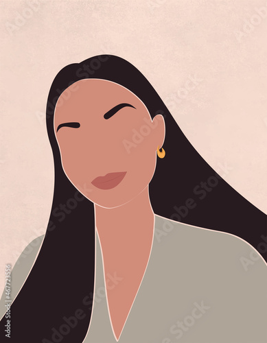 Portrait of faceless woman. Abstract portrait of beautiful female with long dark hair. Trendy minimal vector illustration. 