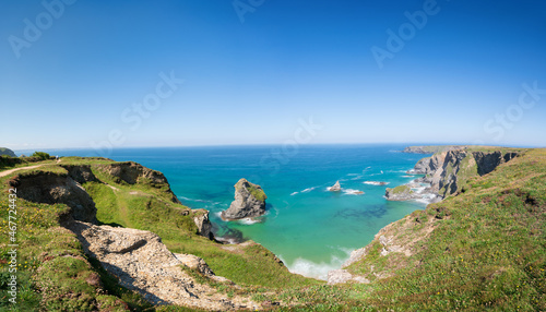 Bedruthan Steps panorama on summer day in Cornwall, England