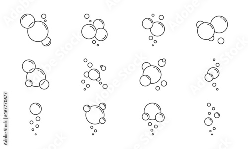 Round Bubbles of Foam or Soup Line Icon Set. Fizzy Drink, Soda Water, Laundry, Champagne, Cleaning Linear Pictogram. Circle Bubble Soap Outline Icon. Isolated Vector Illustration