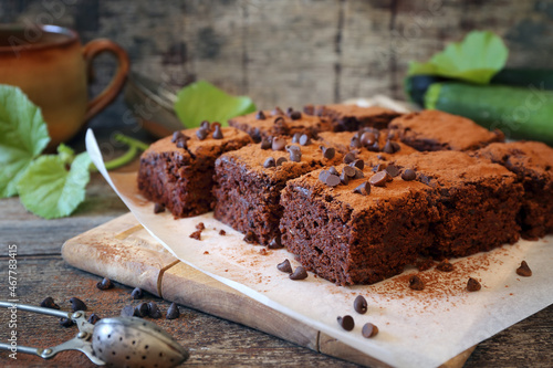 Chocolate Zucchini brownie with chocolate chips, cocoa powder dressing
