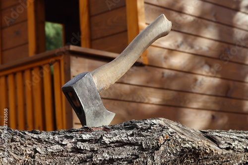 Siekiera wbita w pień. An ax stuck in a stump.