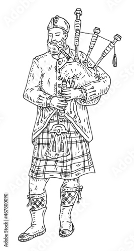 Scottish man dressed in kilt playing traditional bagpipes. Vintage vector black engraving