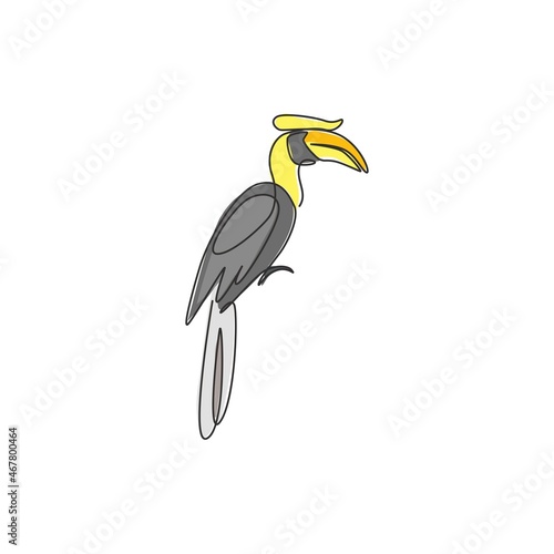 One single line drawing of adorable hornbill for zoo logo identity. Large size bird mascot concept for bird lover club icon. Modern continuous line draw design graphic vector illustration