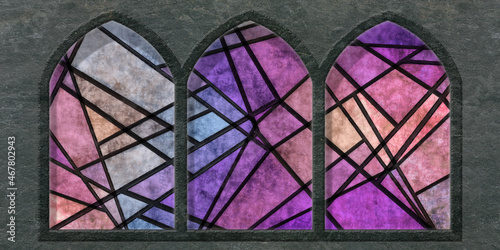 pink purple modern geometric stained glass in three pointed arches with shadows