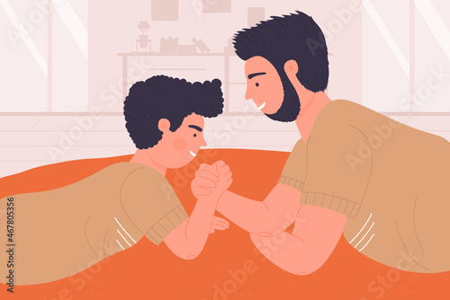 Father and son play in arm wrestling power sport game at home vector illustration. Cartoon dad character training strength of boy child indoor. Happy family fun time together, fatherhood concept