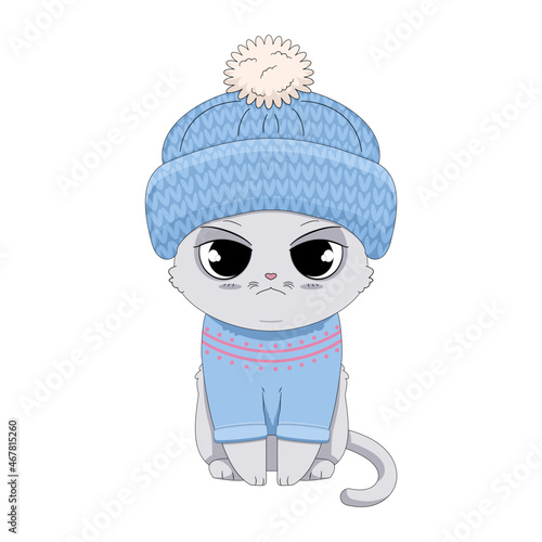 Uroczy mały kotek w wełnianej czapce z pomponem i błękitnym ciepłym sweterku. Wektorowa ilustracja siedzącego kota. Kot w niebieskim ubraniu gotowy na zimę i śnieg. Kotek z niezadowoloną miną.
