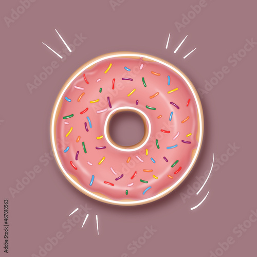 Pyszny donut z różową polewą i kolorową posypką na jasnym tle. Smaczny deser z lukrem. Ilustracja słodkiego jedzenia dla piekarni, cukierni, kawiarni, na menu, ulotki, plakat, kartki. 